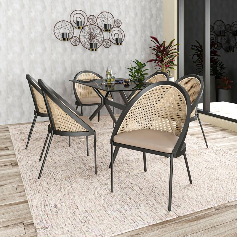 LeisureMod Urbane Collection Modern Dining Chair with Wicker Back in Toupe at Table.