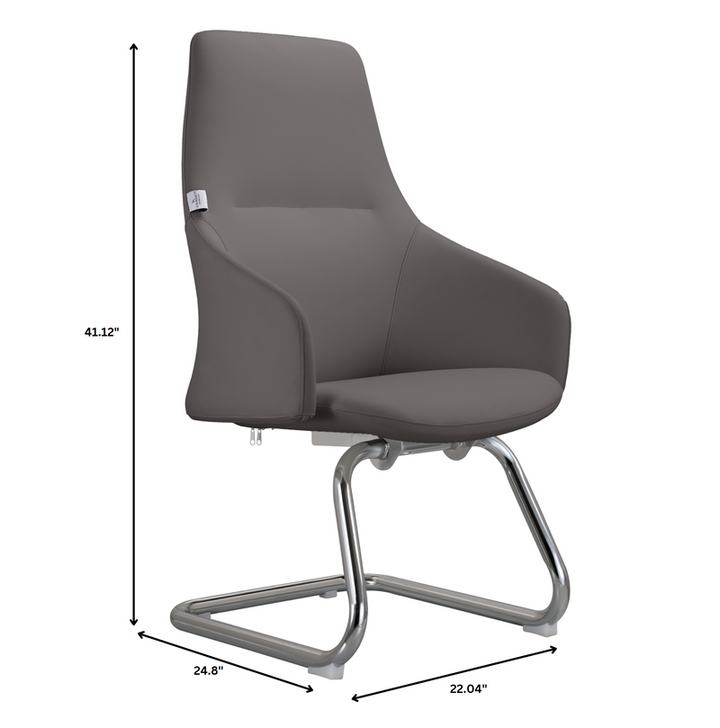Gray chair with dimensions indicated on a white background.