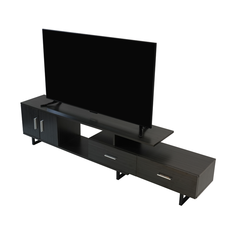 LeisureMod Avery Mid-Century Modern TV Stand with MDF Cabinet and Powder Coated Steel Legs Phantom Grey Angled View.
