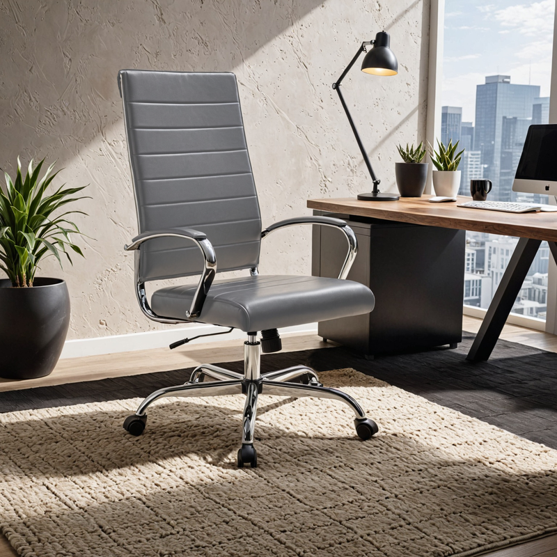 LeisureMod Benmar High-Back Leather Office Chair Grey at Desk.