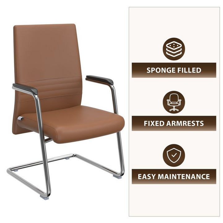 Brown office chair with features listed on a white background.