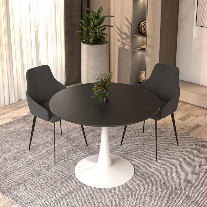 LeisureMod Bristol, 40" Round Dining Table in White Base with Blacktop with Chairs.