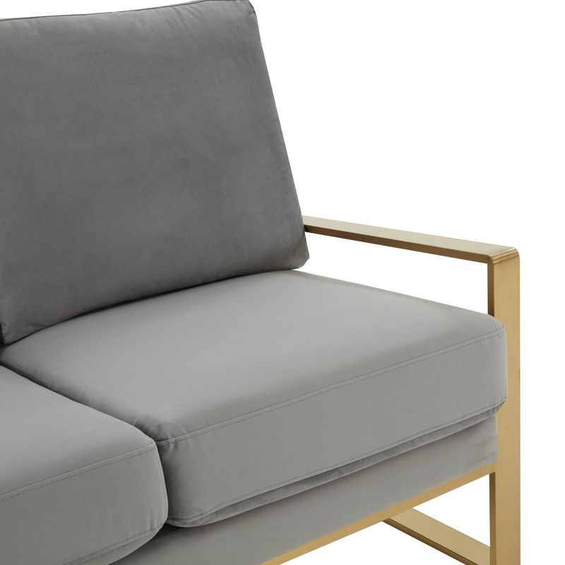 Leisuremod Jefferson Contemporary Modern Velvet Loveseat with Gold Frame Light Grey Closeup.
