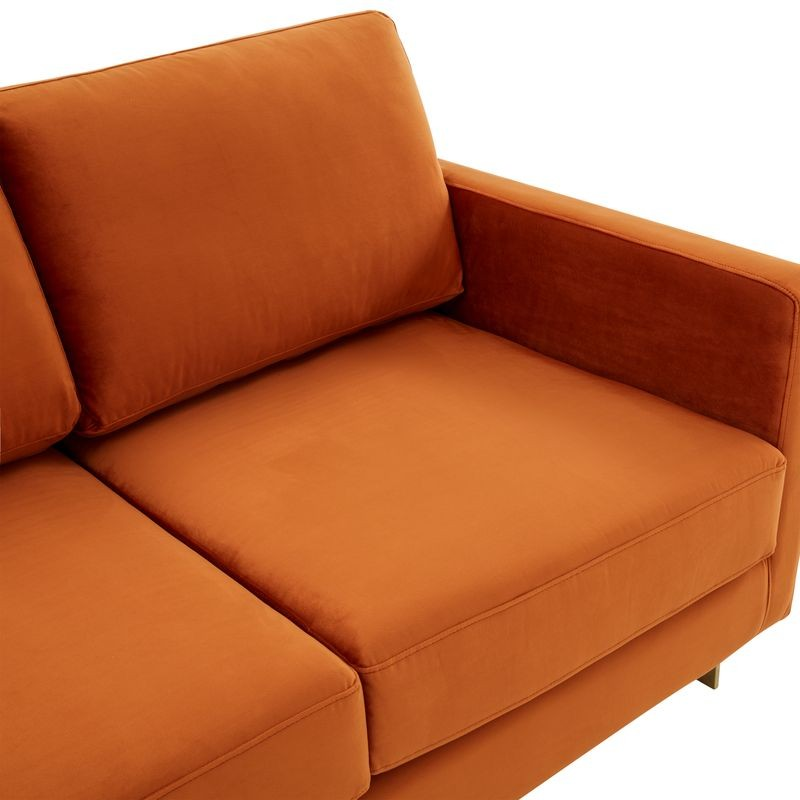 LeisureMod Lincoln Modern Mid-Century Upholstered Velvet Loveseat with Gold Frame Orange Marmalade Zoomed In.