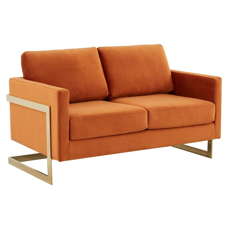 LeisureMod Lincoln Modern Mid-Century Upholstered Velvet Loveseat with Gold Frame Orange Marmalade