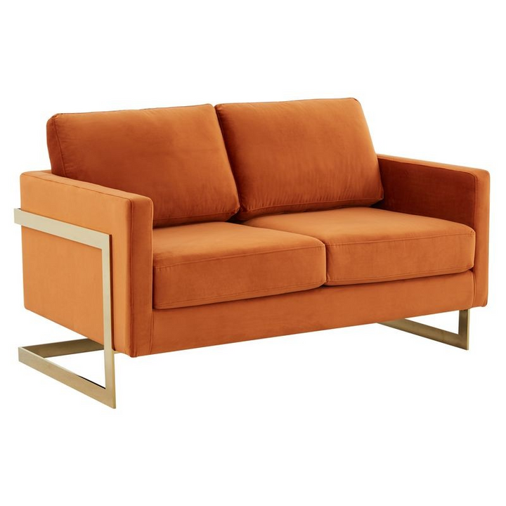 LeisureMod Lincoln Modern Mid-Century Upholstered Velvet Loveseat with Gold Frame Orange Marmalade
