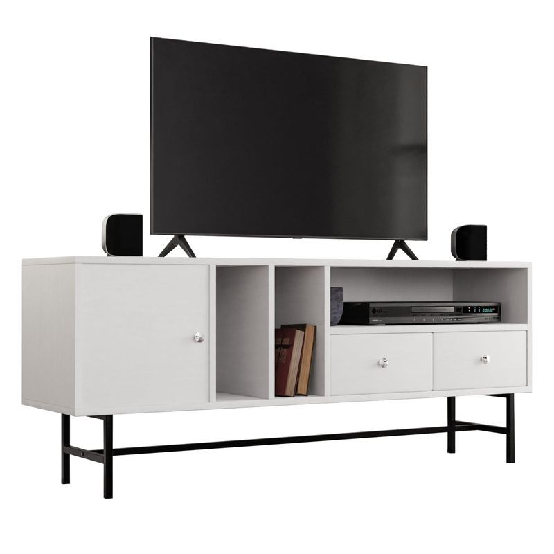 LeisureMod Rochester Modern Rectangular TV Stand with Enclosed Storage and Powder Coated Iron Legs White