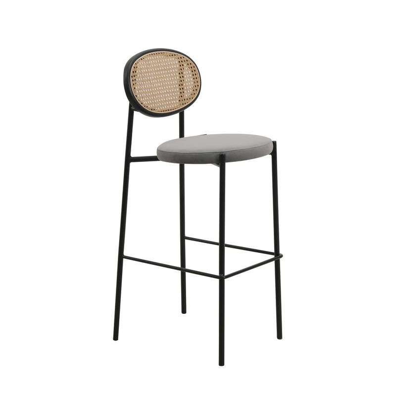 LeisureMod Euston Modern Wicker Bar Stool with Black Steel Frame in Grey