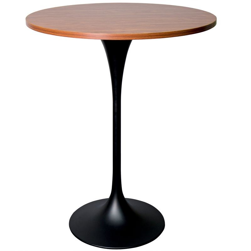 LeisureMod Verve Collection Modern Bar Height Table Black Base with 27" Round Cognac Brown MDF Top