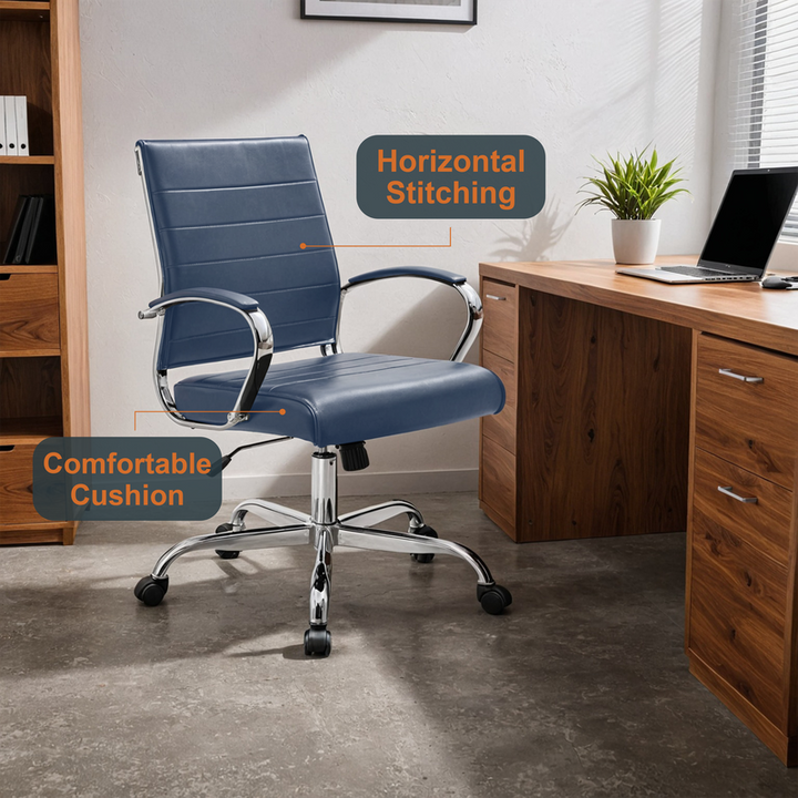 Blue office chair with horizontal stitching and comfortable cushion in a home office setting.