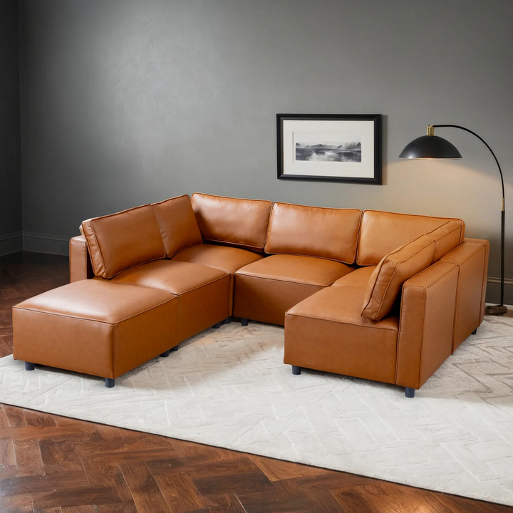 Reno Cognac Vegan Leather Modular Sofa Photo.