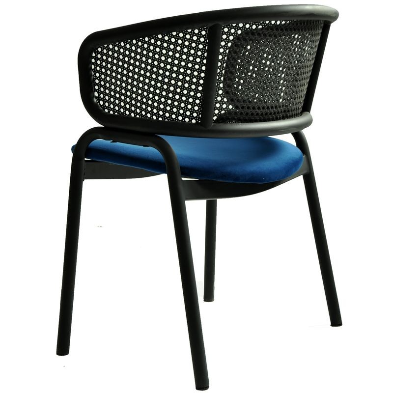 LeisureMod Ervilla Dining Armchair in Black Steel Frame with Black Wicker Back and Navy Blue Seat Back Photo.