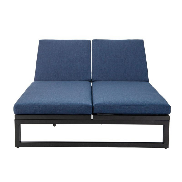 LeisureMod Chelsea Convertible Lounge Reclining Double Chaise with Cushions Blue Front View.