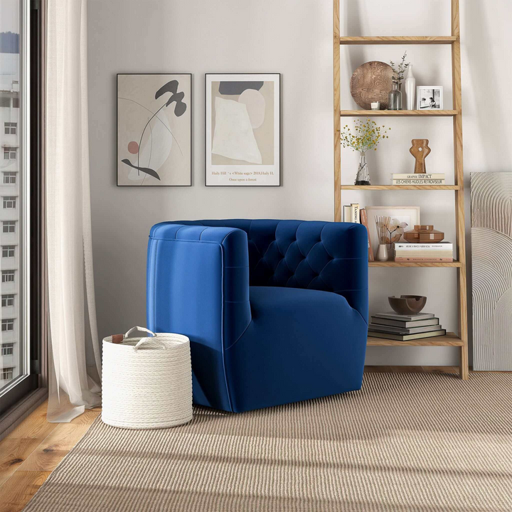 Delaney Dark Blue Velvet Swivel Chair in Room