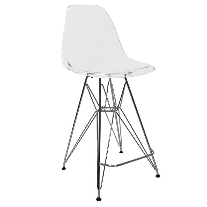 LeisureMod Cresco Modern Acrylic Barstool with Chrome Base and Footrest in Clear