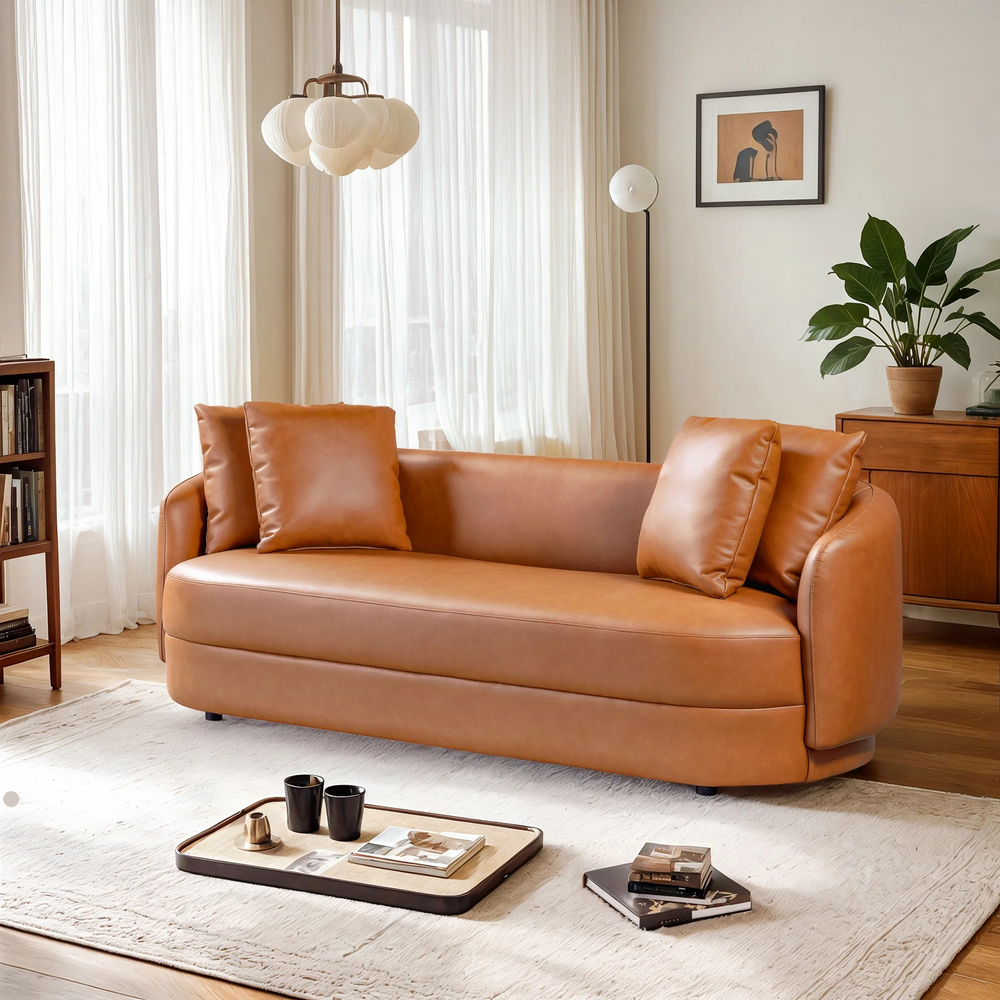 Dylan Modern Cognac Leather Sofa in Living Room.