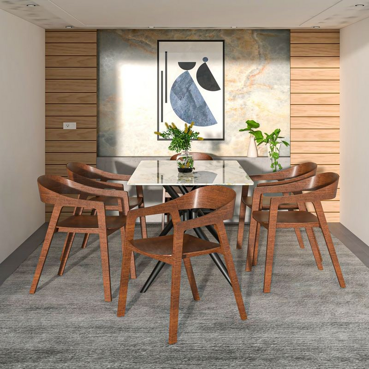 LeisureMod Rivo Collection Elegant Dining Chair in Dark Walnut Color Wood at Table.