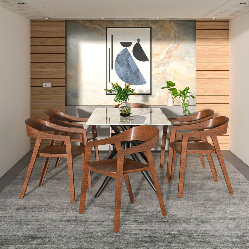 LeisureMod Rivo Collection Elegant Dining Chair in Dark Walnut Color Wood at Table.