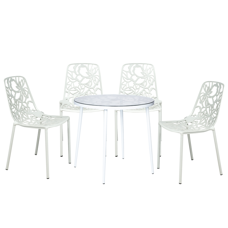 LeisureMod Devon Mid-Century Modern 5-Piece Aluminum Outdoor Patio Dining Set with Tempered Glass Top Table and 4 Stackable Flower Design Chairs White without Background.