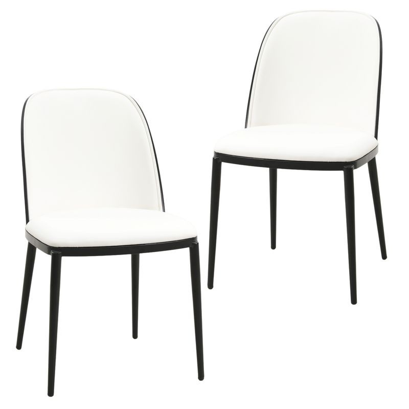 LeisureMod Tule Mid-Century Modern Dining Side Chair with Leather Seat and Steel Frame Set of 2 Black/White