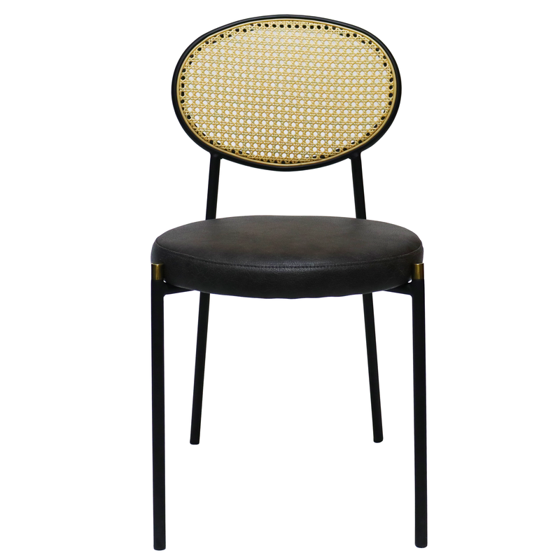 LeisureMod Euston Modern Wicker Dining Chair with Black Frame and Leather Seat in Charcoal Front View.
