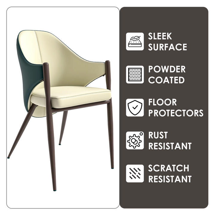 Chair with features listed on a gray card.