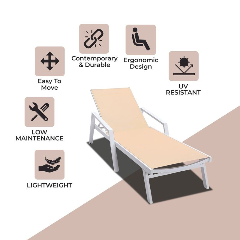 LeisureMod Marlin Patio Chaise Lounge Chair with Armrests in White Aluminum Frame Light Brown Description.