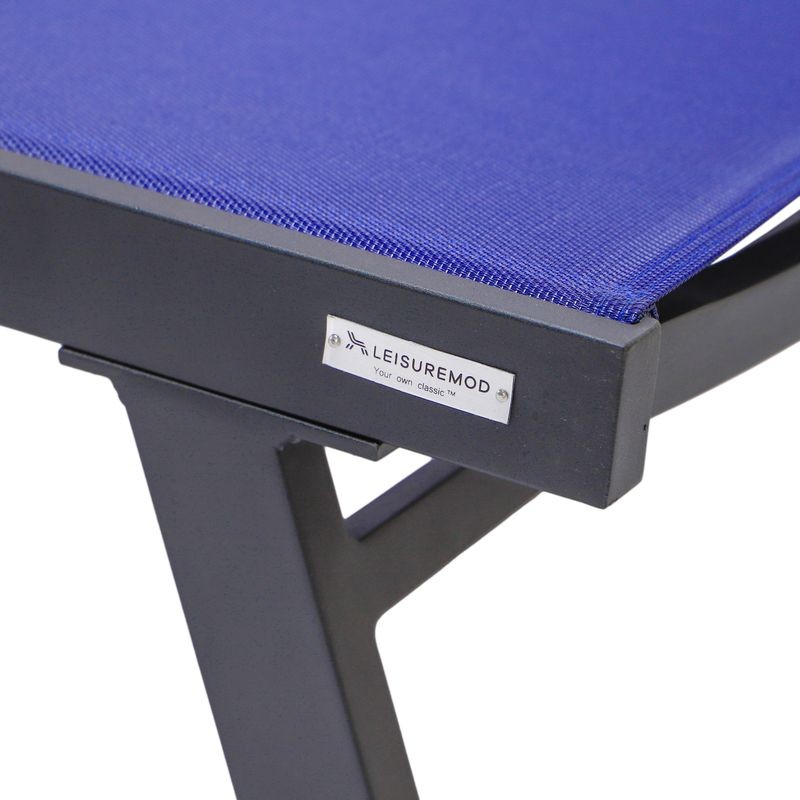 LeisureMod Marlin Patio Chaise Lounge Chair with Armrests in Black Aluminum Frame Navy Blue Closeup.