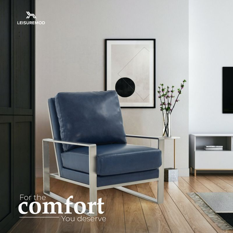 LeisureMod Jefferson Faux Leather Modern Design Accent Armchair with Elegant Silver Frame Navy Blue Comfort.