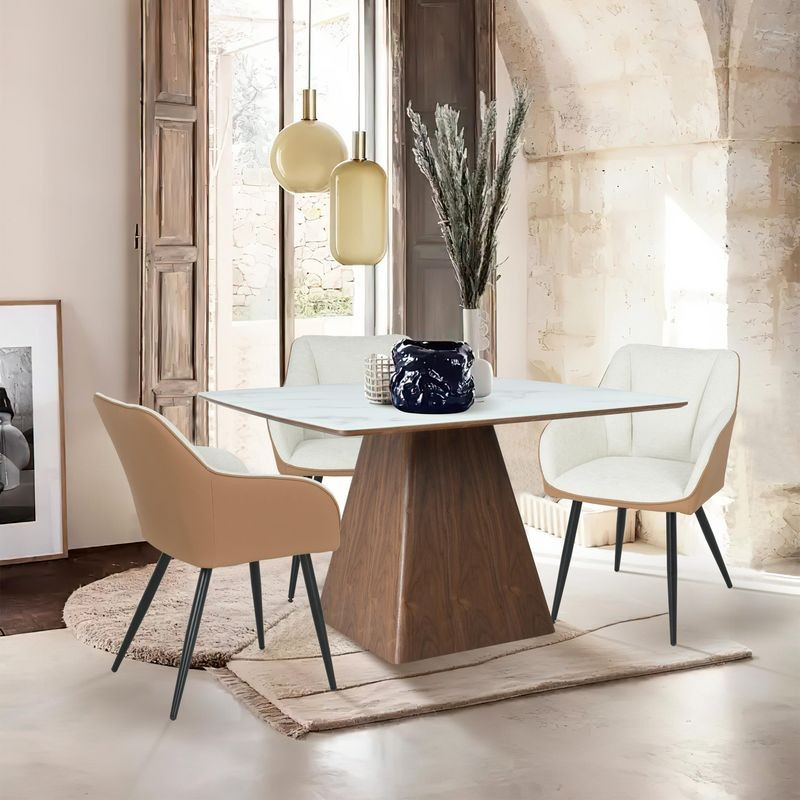 LeisureMod Zephry Collection Modern Dining Wooden Square Dining Table Walnut with Marbled Top in Room.