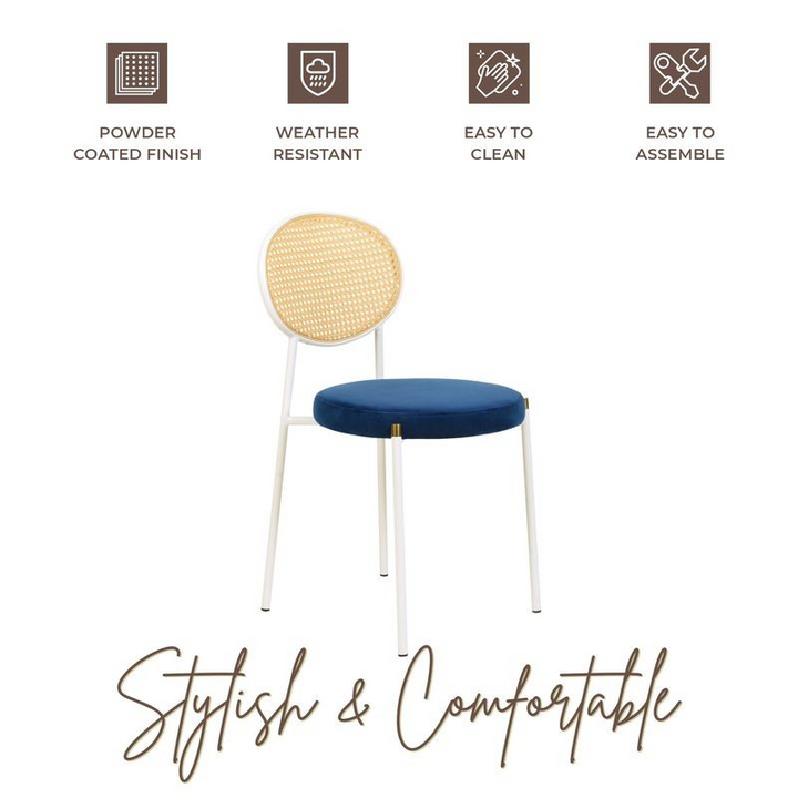 Chair with wicker backrest and blue cushion, featuring icons and text about product features on a white background.