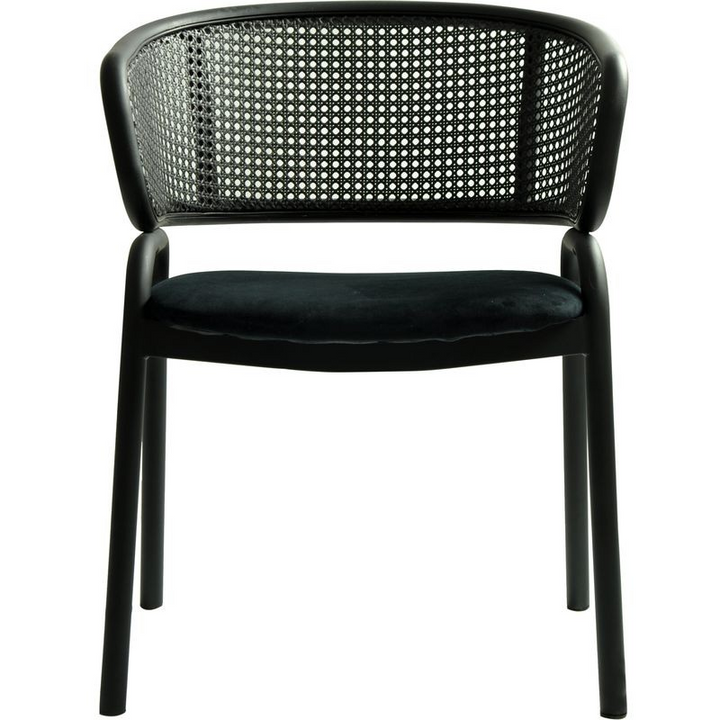 LeisureMod Ervilla Dining Armchair in Black Steel Frame with Black Wicker Back and Black Seat Front View.