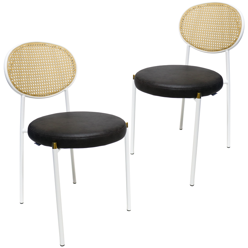 LeisureMod Euston Modern Wicker Dining Chair with White Frame and Leather Seat in Charcoal Set of 2