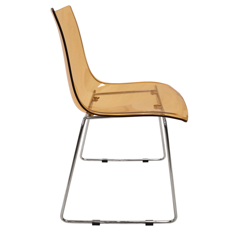 Clear amber chair with metal frame on a white background.