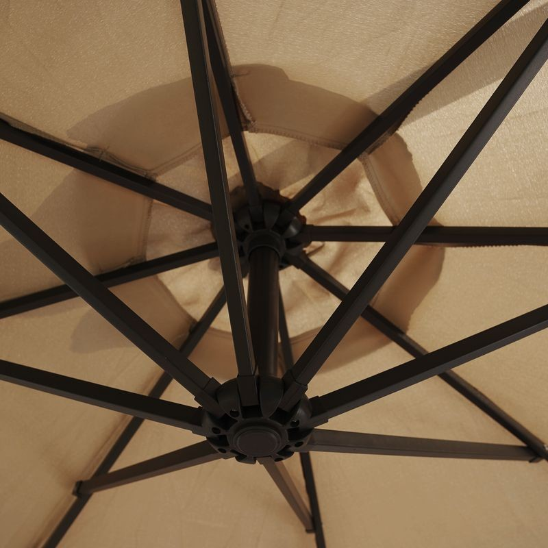 LeisureMod Willry Modern Outdoor 10 Ft Offset Cantilever Hanging Patio Umbrella with Solar Powered LED Beige Closeup.