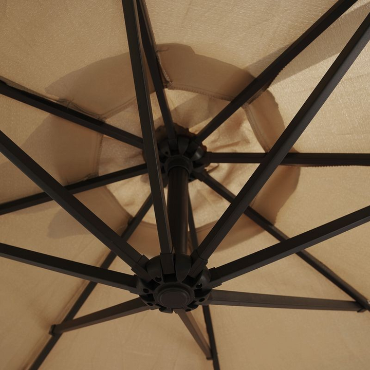 LeisureMod Willry Modern Outdoor 10 Ft Offset Cantilever Hanging Patio Umbrella with Solar Powered LED Beige Closeup.