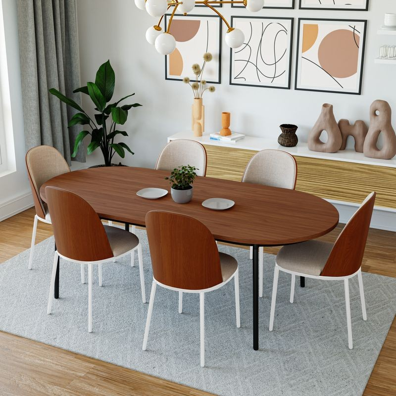 LeisureMod Tule 7-Piece Dining Set in White Steel Frame with 6 Upholstered Seat Dining Chairs and 71" Oval Dining Table with MDF Tabletop in Walnut/Beige in Dining Room.