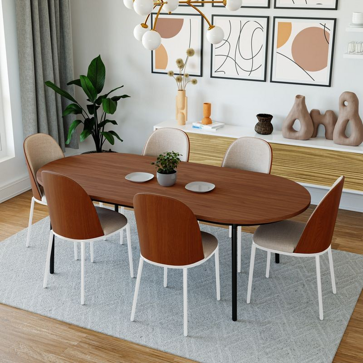 LeisureMod Tule 7-Piece Dining Set in White Steel Frame with 6 Upholstered Seat Dining Chairs and 71" Oval Dining Table with MDF Tabletop in Walnut/Beige in Dining Room.