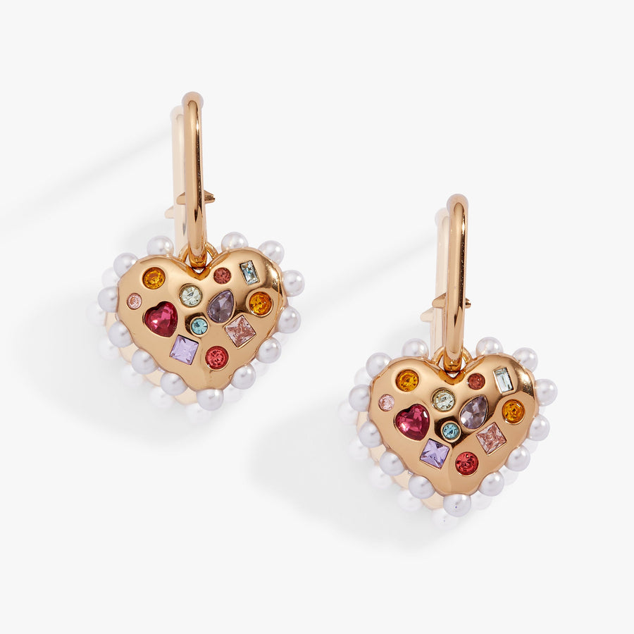 Puffy Heart Gemstone and Pearl Charm Hoop Earrings