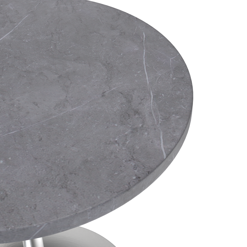 LeisureMod Verve Collection 27 Round Dining Table, Brushed Chrome Base with Sintered Stone Grey Top Closeup.