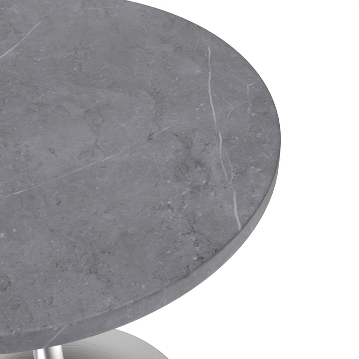 LeisureMod Verve Collection 27 Round Dining Table, Brushed Chrome Base with Sintered Stone Grey Top Closeup.