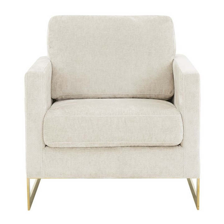 LeisureMod Lincoln Boucle Fabric Accent Armchair with Gold Stainless Steel Frame and Removable Back Cushion in Grey Front