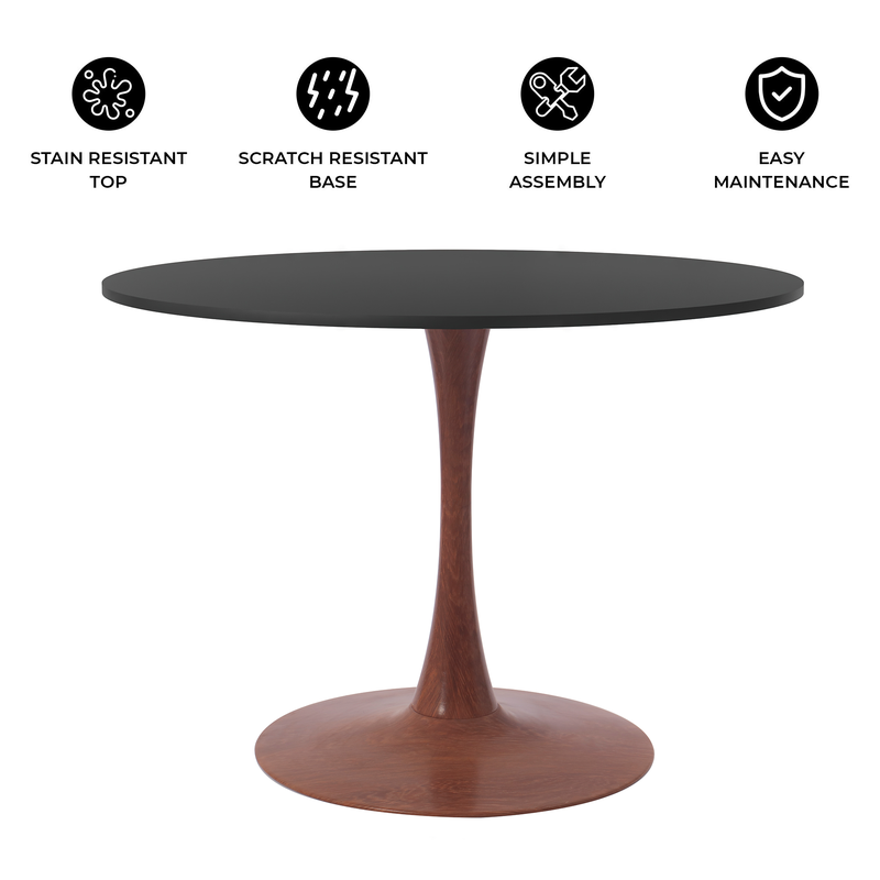 LeisureMod Bristol 40" Round Dining Table Wood Transfer Cherry Base with MDF Black Top Information.