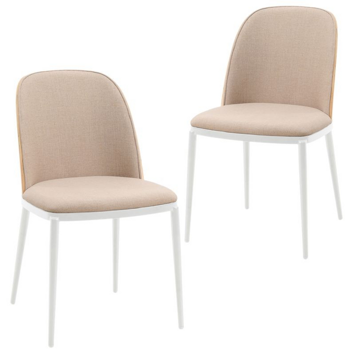 LeisureMod Tule Mid-Century Modern Dining Side Chair with Velvet Seat and White Powder-Coated Steel Frame, Set of 2 Natural Wood/Brown