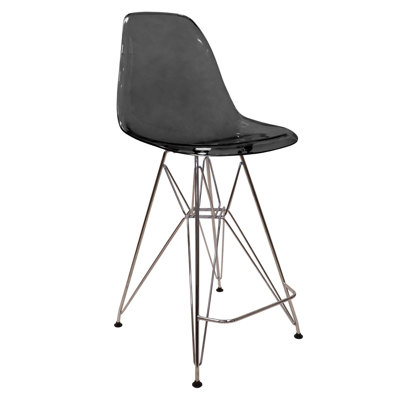 LeisureMod Cresco Modern Acrylic Barstool with Chrome Base and Footrest in Transparent Black