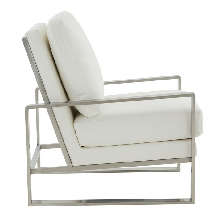 LeisureMod Jefferson Faux Leather Modern Design Accent Armchair with Elegant Silver Frame White Side View.