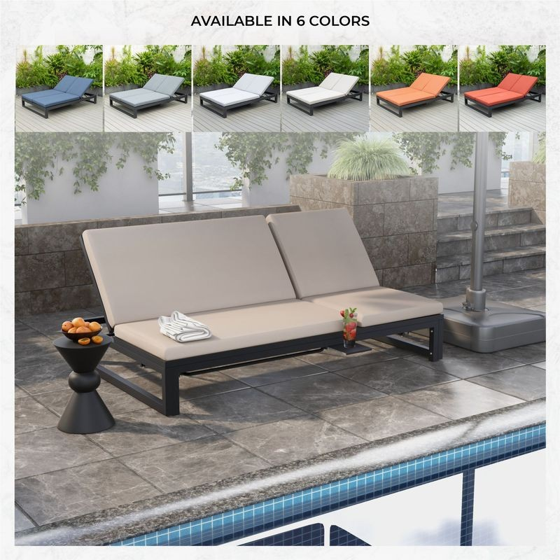 LeisureMod Chelsea Convertible Lounge Reclining Double Chaise with Cushions Beige Colors.