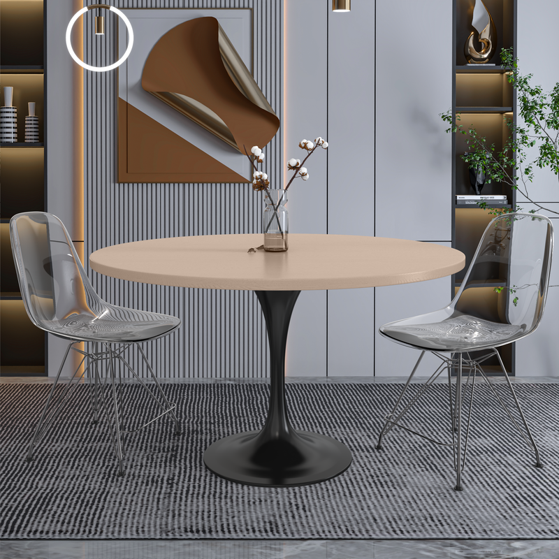 LeisureMod Verve Collection 48 Round Dining Table, Black Base with Light Natural Wood MDF Top in Room.