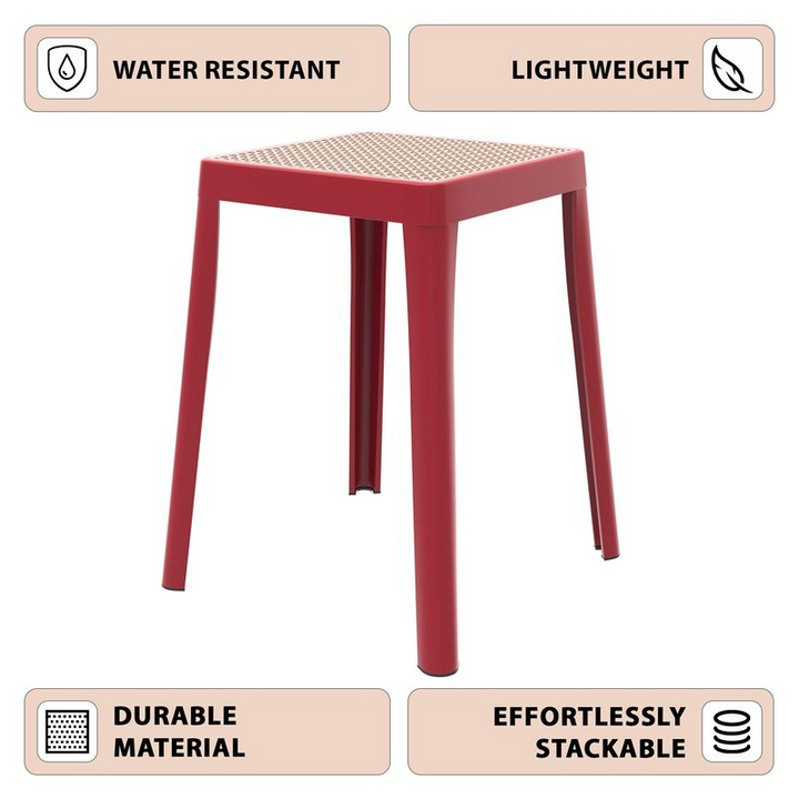 LeisureMod Tresse Series Stackable Poly Stool with Wicker Top 12 in Red Description.