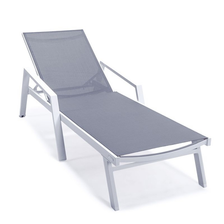 LeisureMod Marlin Patio Chaise Lounge Chair with Armrests in White Aluminum Frame Dark Grey